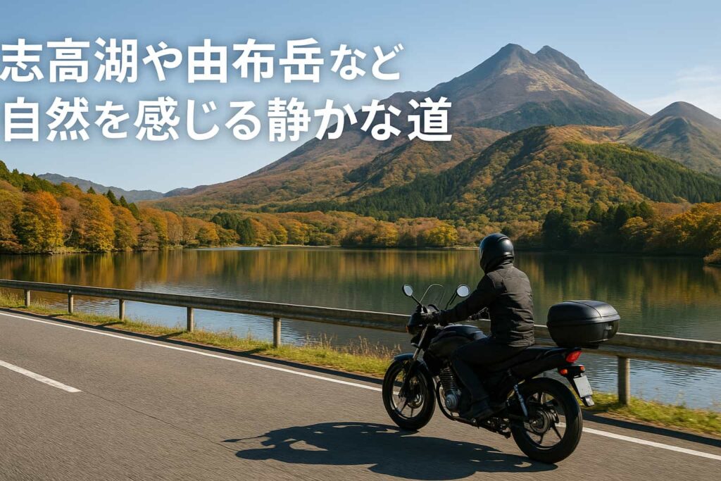 秋の志高湖と由布岳を背景に、静かな道を走るバイクライダーの写真