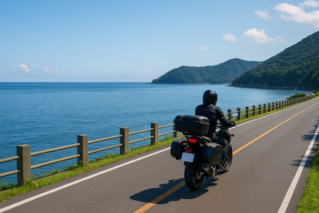 海沿いの絶景ロードを走るライダーの後ろ姿と青く広がる海と空