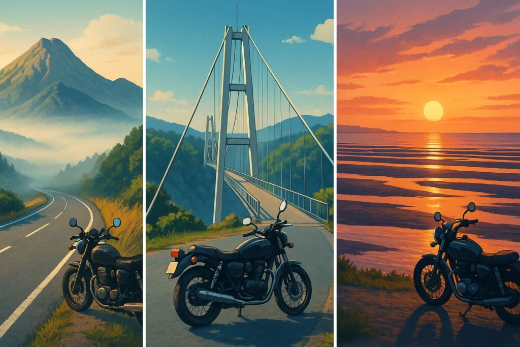 由布岳・九重夢大吊橋・真玉海岸の3大人気ツーリングスポットを描いた分割イラスト