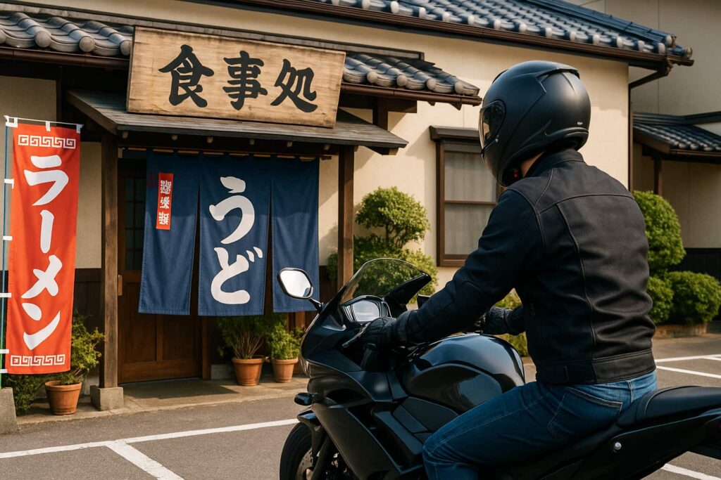 バイクを停めて和食処の前に立ち寄るライダーと店構えの風景