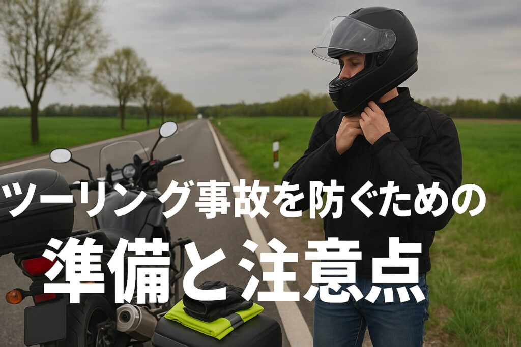 ツーリング中にヘルメットを調整するライダーと停車したバイクの安全確認シーン