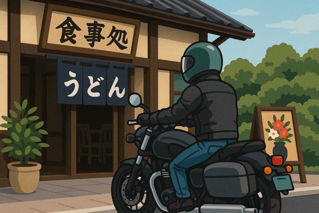 一人でも入りやすい定食屋で食事を楽しむツーリングライダーのイラスト