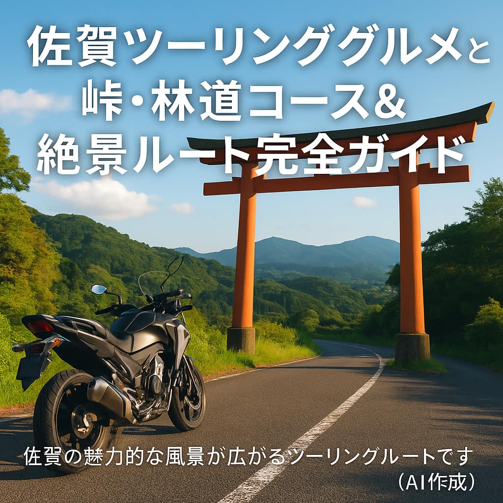佐賀の鳥居前に停まるツーリングバイクとタイトル文字入りの風景画像