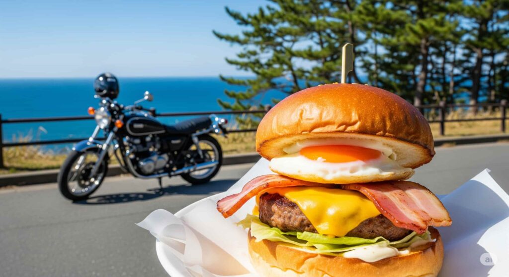 佐賀のご当地グルメ「唐津バーガー」と、背景に広がる虹の松原の風景。バイクツーリングの途中に立ち寄ったイメージ。