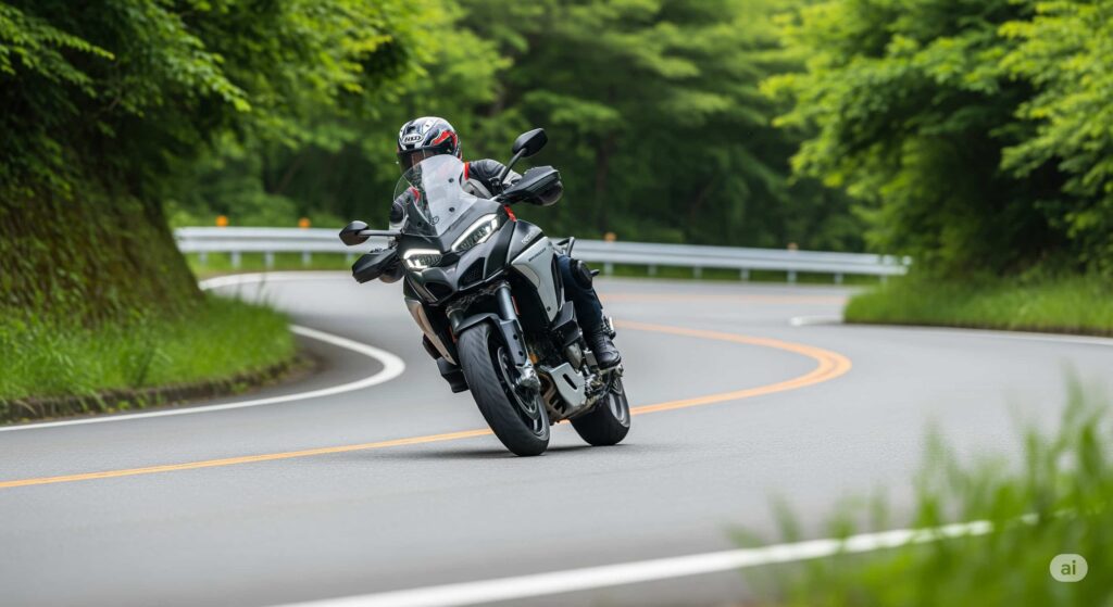 新緑が美しい佐賀の峠道を、バイクがカーブを駆け抜けていく躍動感のある写真。