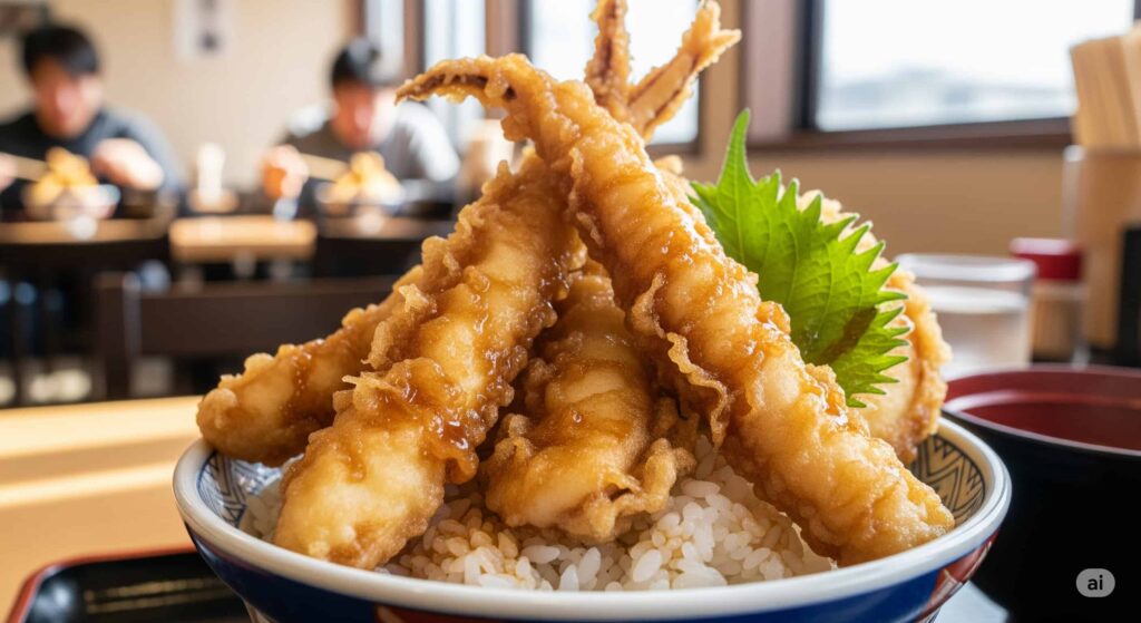 佐賀のB級グルメ、呼子のイカ天丼。丼から溢れそうなほど豪快に盛り付けられたイカの天ぷら。