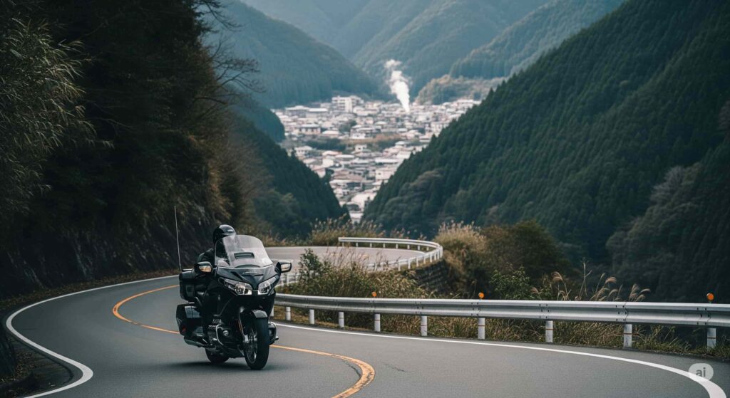 佐賀から長崎へ抜ける山間の穴場ツーリングルート。緑豊かな山道をバイクが進んでいく。