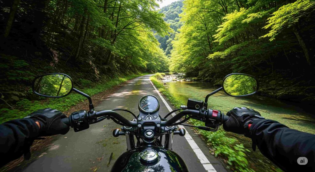 バイクのライダー目線の写真。ハンドル越しに、北山湖周辺の緑豊かな渓流沿いの道が見える。