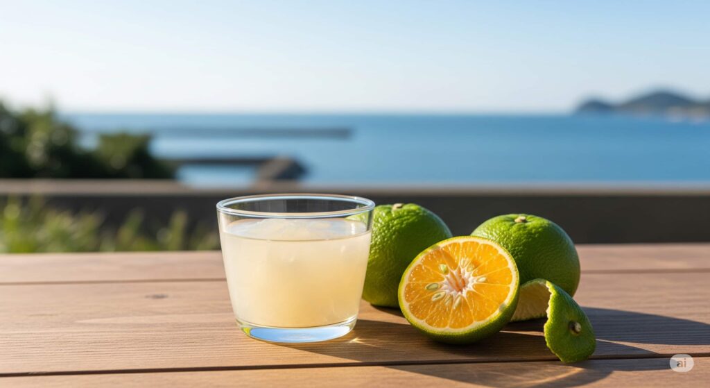 加部島名物の手作り甘夏ゼリー。新鮮な甘夏と一緒に、素朴な木のテーブルの上に置かれている。