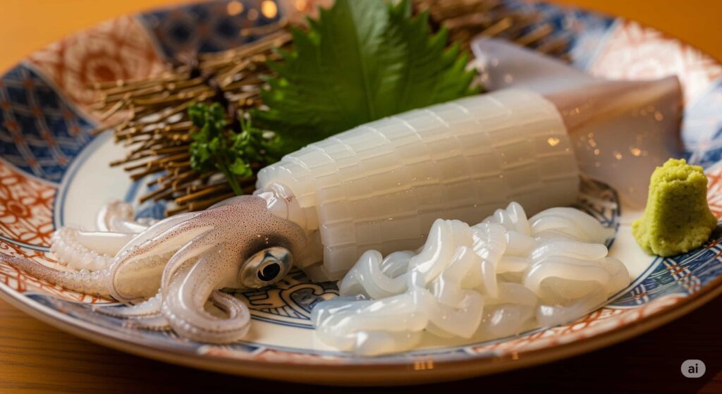 佐賀県呼子名物、透き通るように新鮮なイカの活き造りのアップ。皿の上で身が輝いている様子。