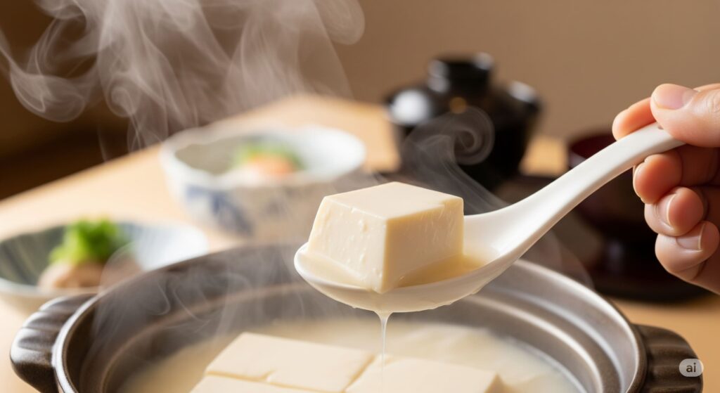 嬉野温泉のとろける湯どうふ。スプーンですくわれた豆腐が、プリンのように滑らかで柔らかい様子。