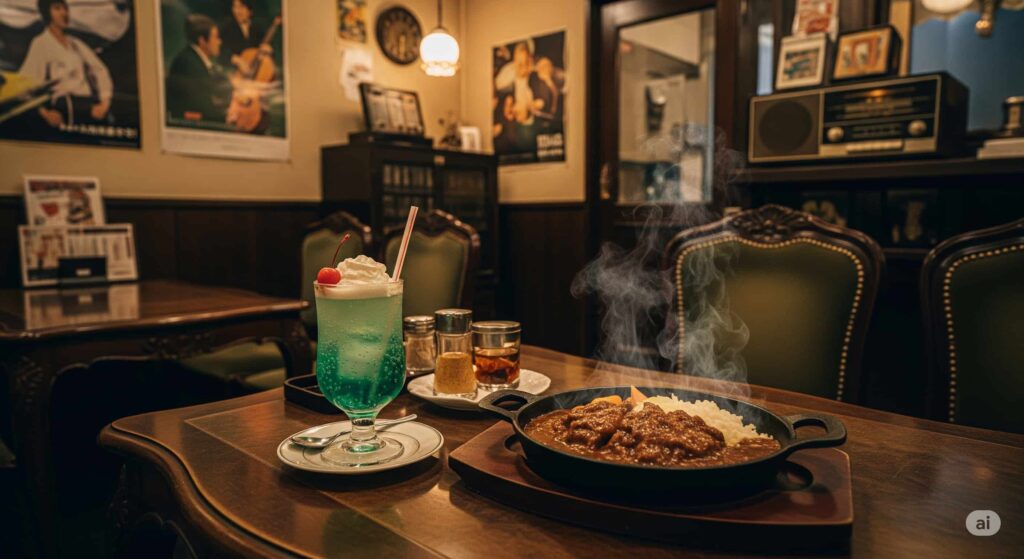 武雄温泉にある昭和レトロな喫茶店の店内。テーブルには名物の焼きカレーと、鮮やかなクリームソーダが置かれている。